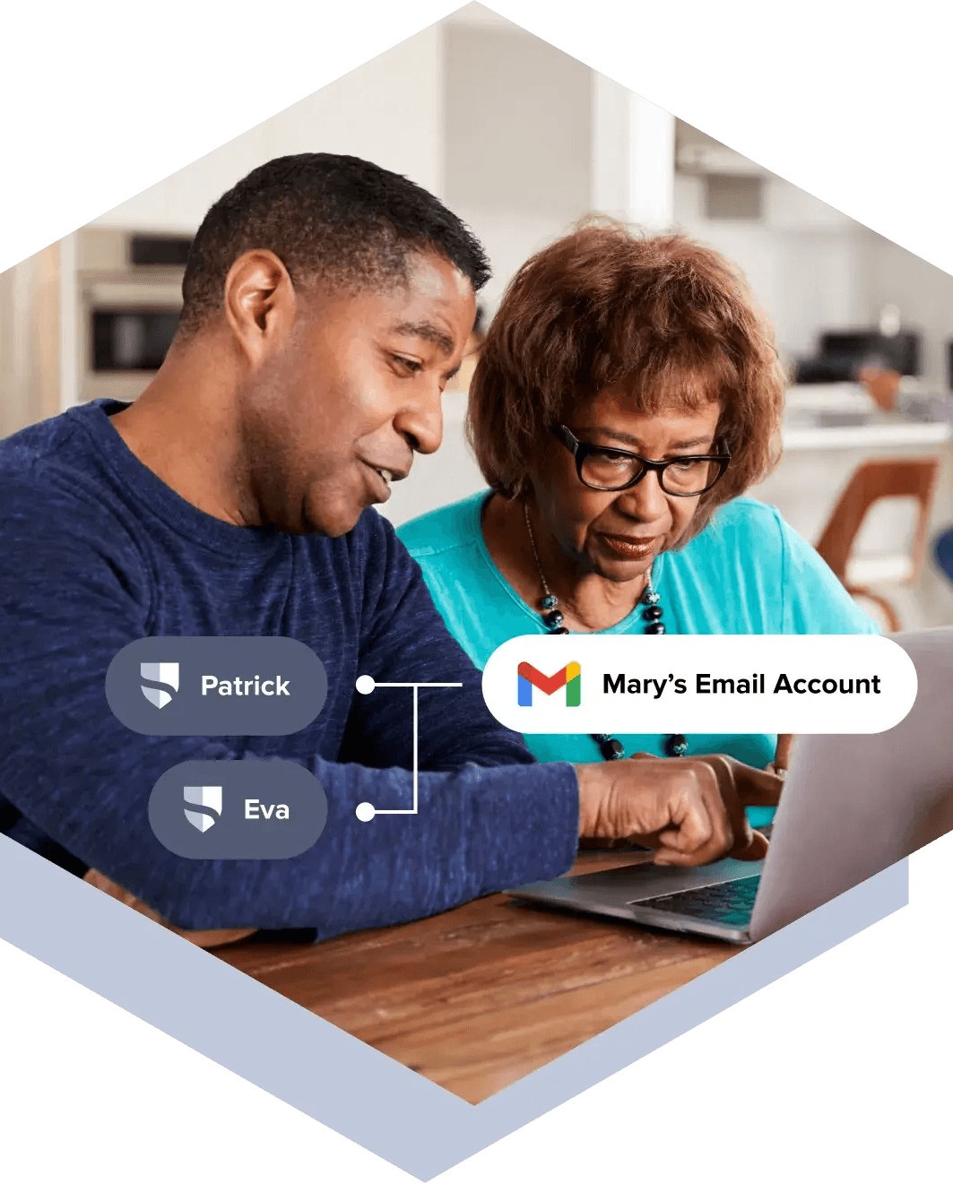 A son pointing something out on a laptop to his elderly mother. There are graphics on top depicting her gmail account connected to her 2 her children to monitor her account.