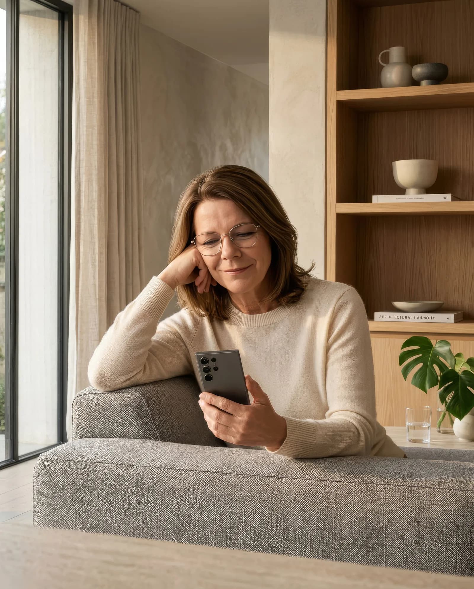 A woman at home, reading a message on her phone.